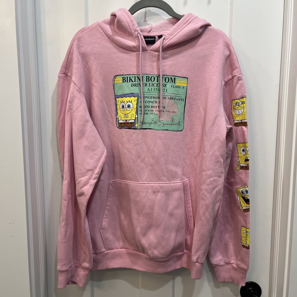 Nickelodeon Graphic SpongeBob Square Pants Pink Yellow Distressed Hoodie Sz L